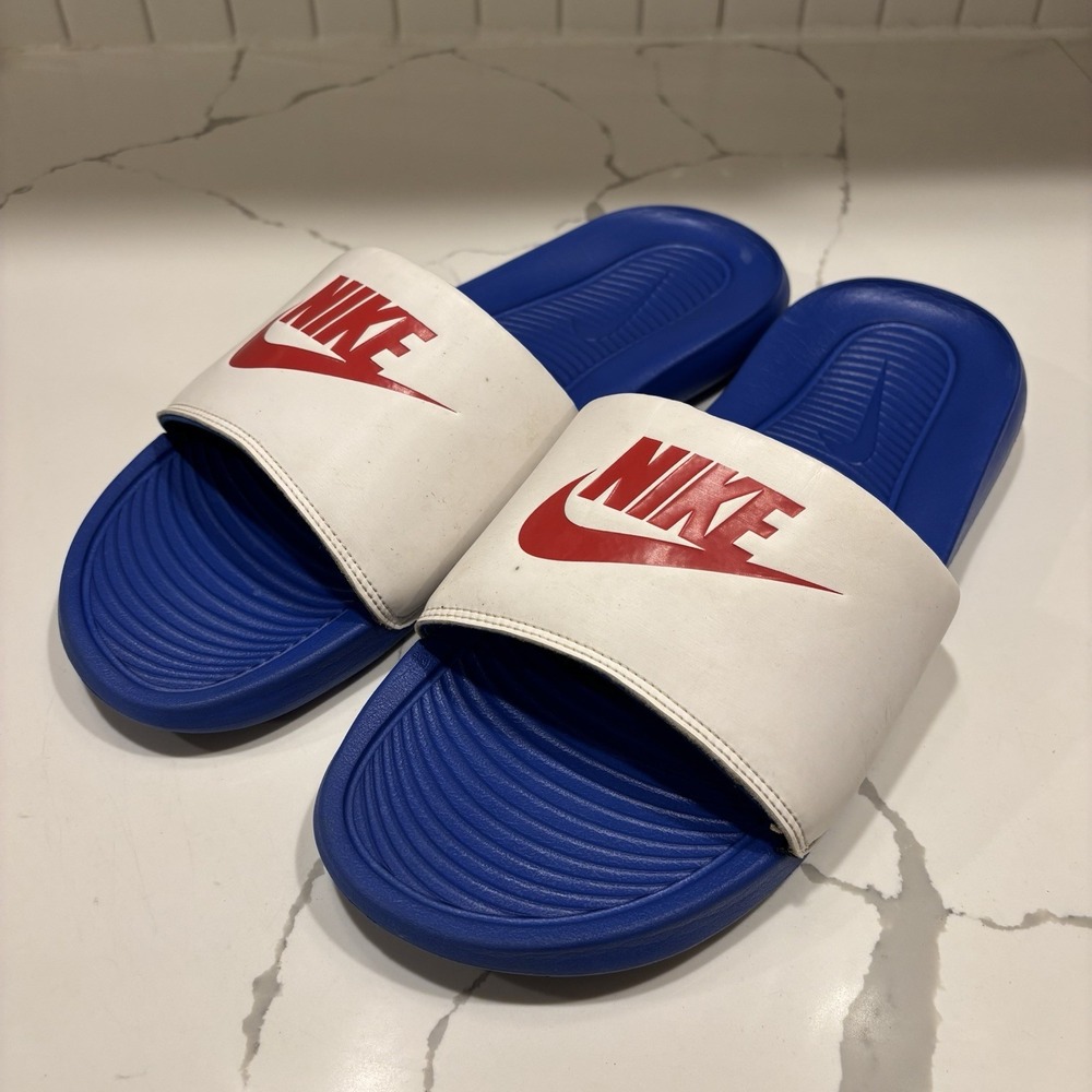 Nike Victori One Slides Game Royal Red White Blue Men Sz 11 Logo Beach Sandals